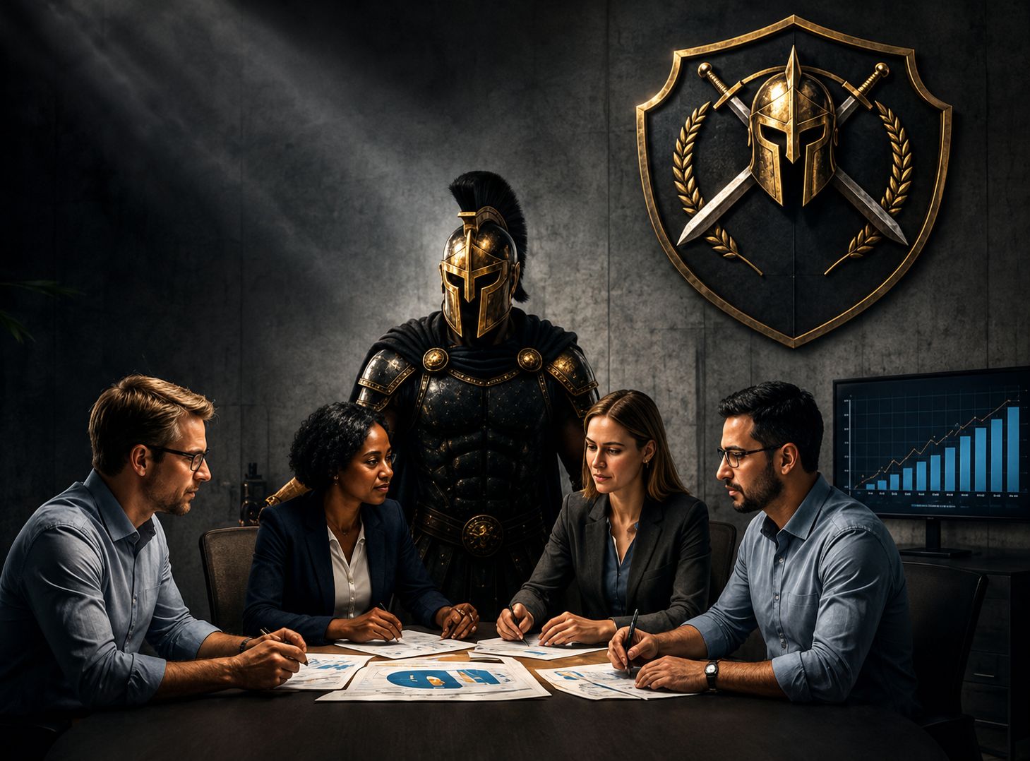 Business team in a meeting, with a Spartan warrior standing guard behind them