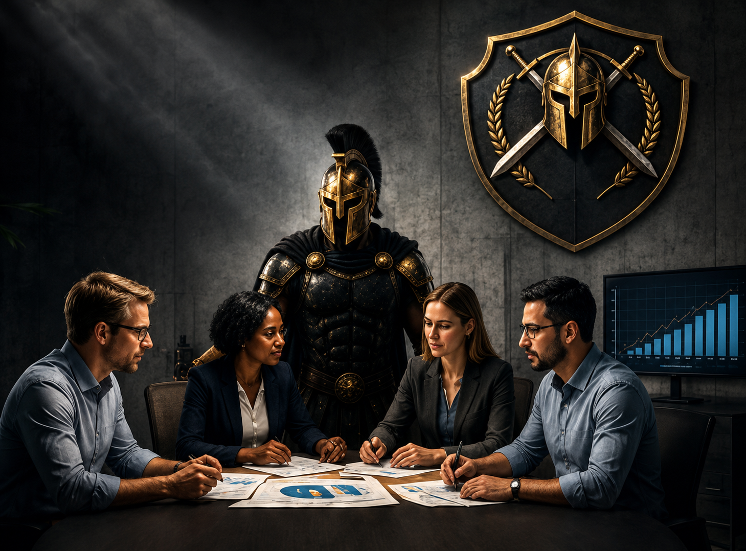 Four business professionals review documents at a table beside a suited warrior statue and gold shield emblem