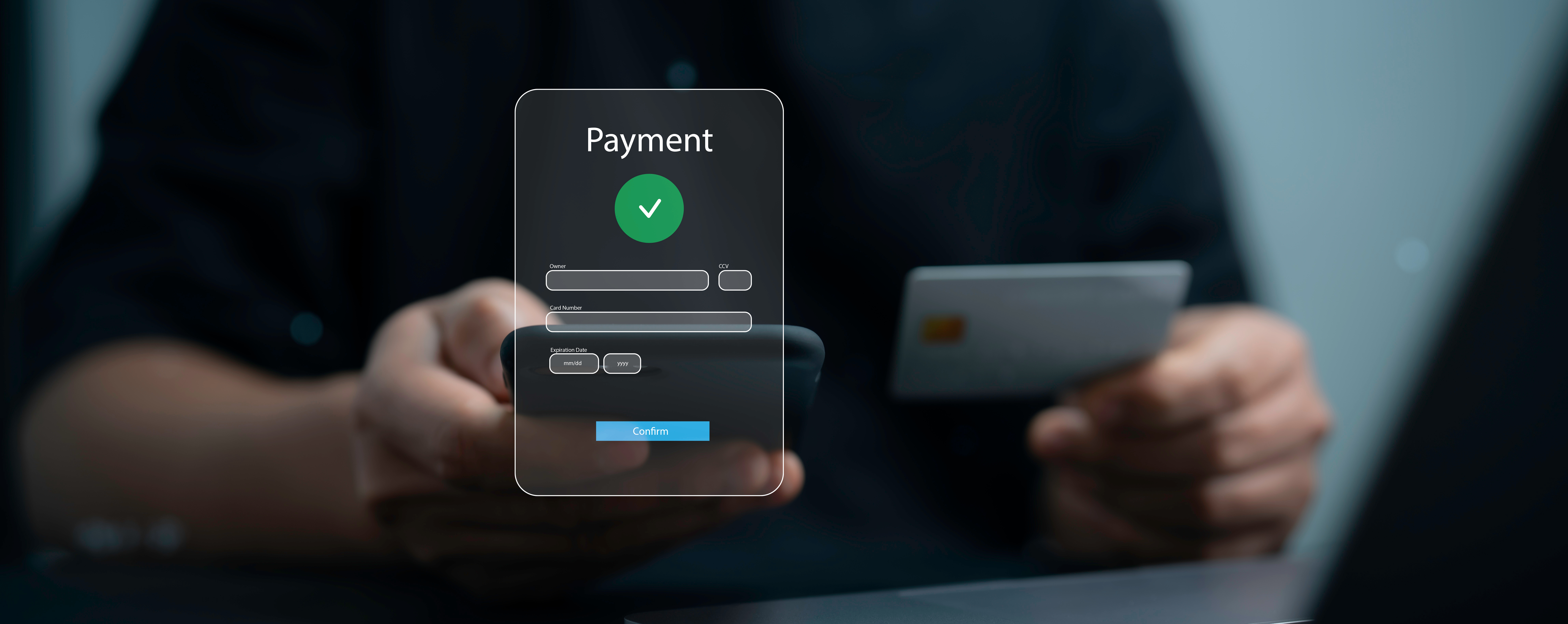 Person holding smartphone displaying payment confirmation interface with green checkmark and credit card details