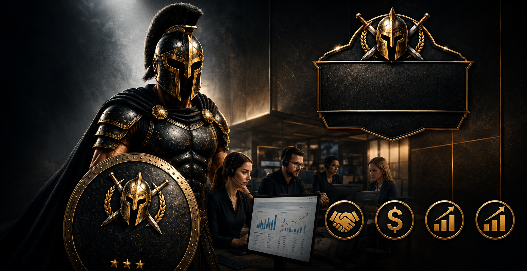 Armored warrior with shield and team reviewing financial data on laptop in modern office setting